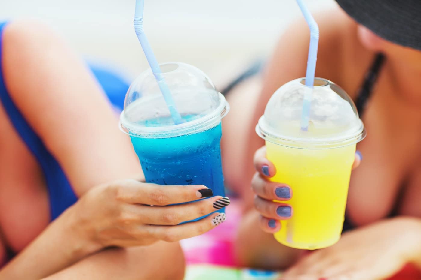 Frozen fountain drinks in blue and yellow at Jack's convenience store